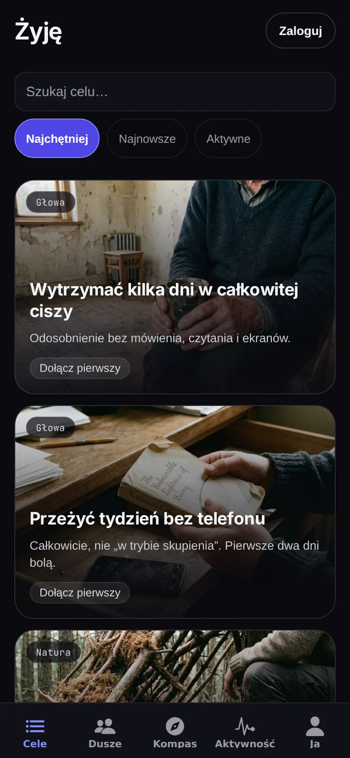 Ekran aplikacji Żyję z listą celów